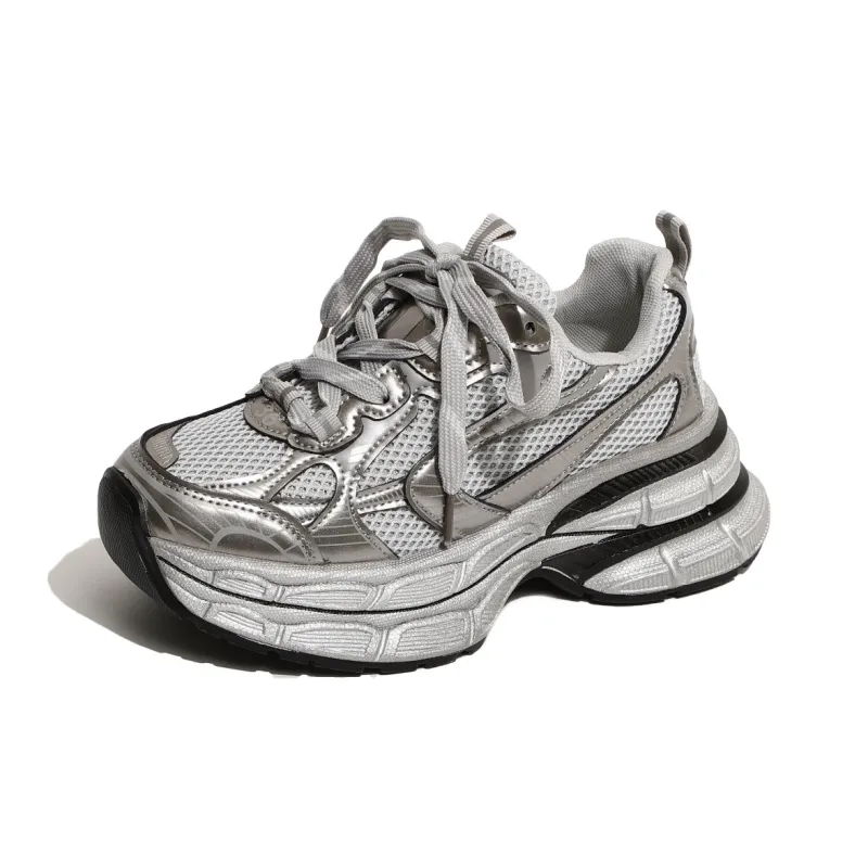 CHERRY&KALIKA Cushioned Wear Resistant Lightweight Breathable Slip Resistant Low Top Chunky Sneakers Women's Silver-0