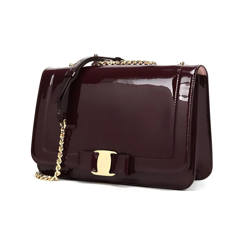 FERRAGAMO Vara Patent Leather Shoulder Bag Crossbody Bag Women's Brown-1