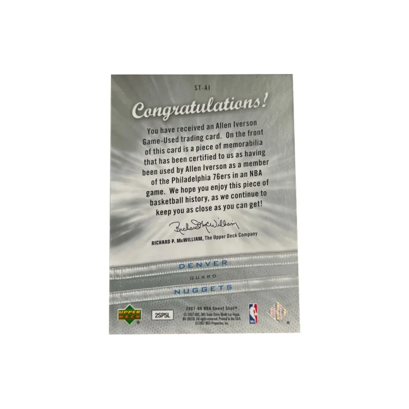 UPPER DECK 2007 08 Iverson Nuggets Era Sweet Shot Game Used Jersey Card Condition Approved Sports Cards 1 Pc-1