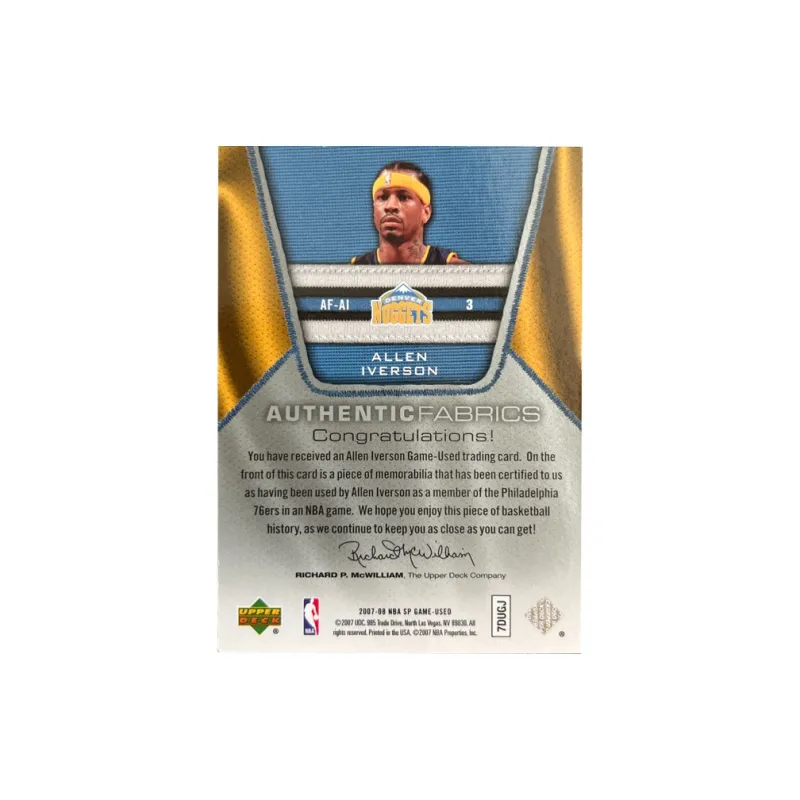 UPPER DECK Iverson 2007 08 Nuggets Era Match Worn Game Jersey Card Officially Authenticated Sports Cards 1 Pc-1