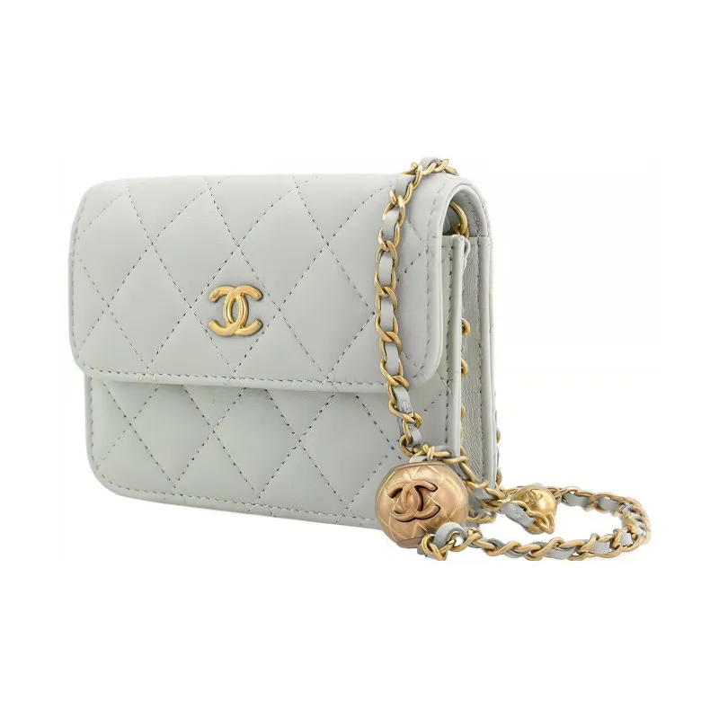 CHANEL Little Golden Ball Lambskin Flap Bag, Crossbody Bag, Shoulder Bag Women's Light Gray Green-1