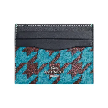 COACH Card Case Canvas With Leather Wallet, Card Holder Small Size Women's Cyan & Burgundy