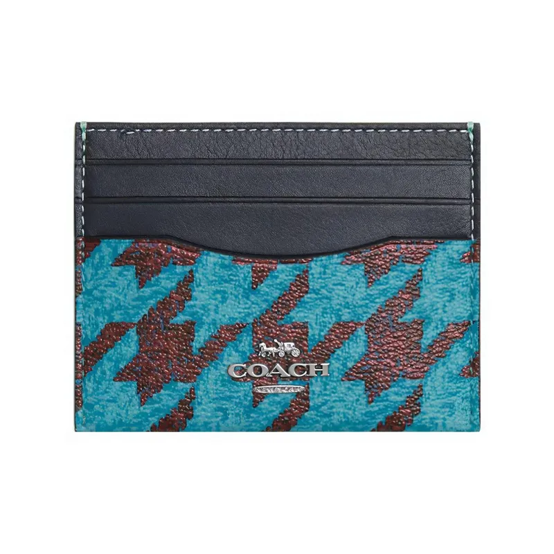 COACH Card Case Canvas With Leather Wallet, Card Holder Small Size Women's Cyan & Burgundy-0