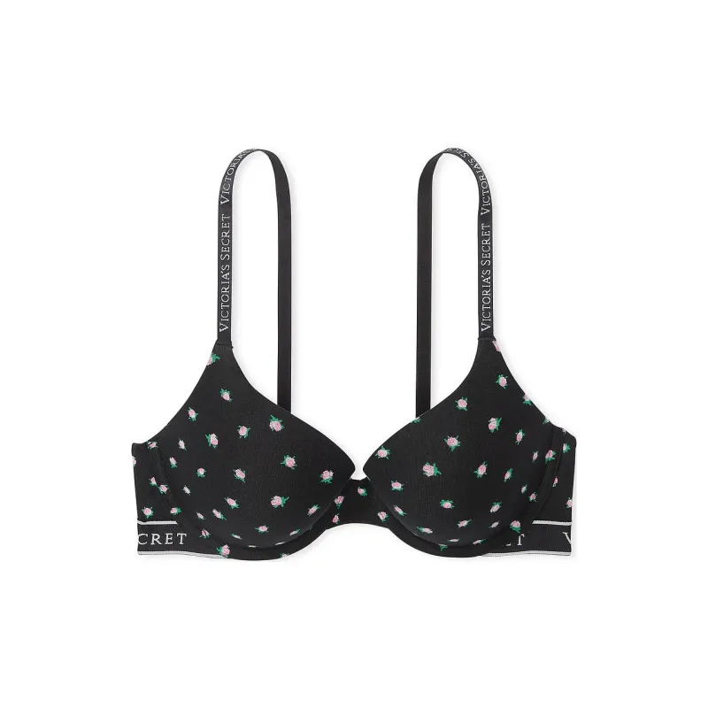 Victoria's Secret Push-Up Perfect Shape Ribbed Cotton Bra/Black Floral Bra Women's Black Print-0