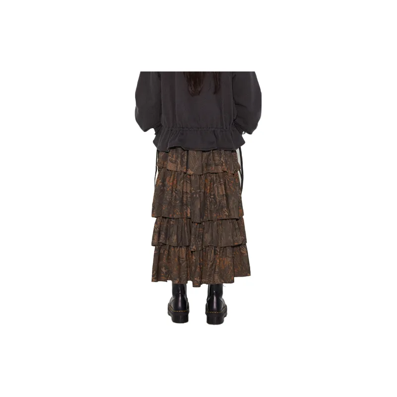 WULISHAONIAN Casual Long Skirts Women's Floral Brown-1