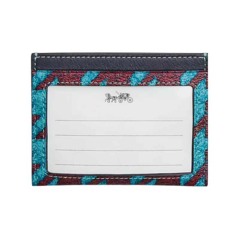COACH Card Case Canvas With Leather Wallet, Card Holder Small Size Women's Cyan & Burgundy-1
