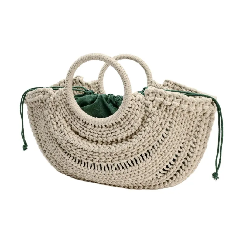 ZARA Cotton Woven Handbag Large Size Women's Beige-2