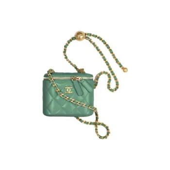 CHANEL Lambskin Chain Box Bag, One Shoulder Makeup Bag, Crossbody Bag Trumpets Women's Blue Green/Peacock Green Color