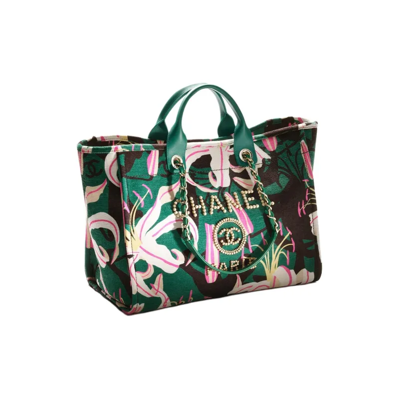 CHANEL Velour Beach Bag, Tote Bag, Shopping Bag, Handbag Tubas Women's Green/Multicolor-1