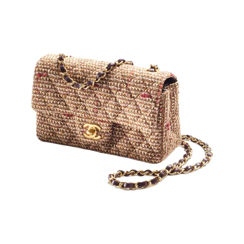CHANEL Classic Flap CF Cotton Wool Twill Velvet Mouth Cover Bag Crossbody Bag Mini Women's Brown/Multicolor-1