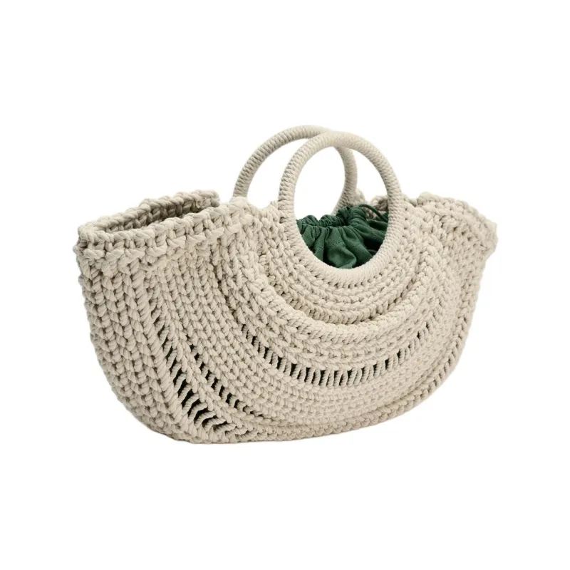 ZARA Cotton Woven Handbag Large Size Women's Beige-1