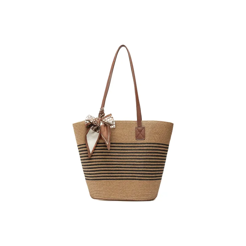MEXICAN Fabric Shoulder Bag, Tote Bag, Beach Bag Large Size Women's Apricot & Dark Brown/Apricot & Yellow Brown-0