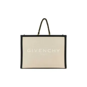 GIVENCHY Cotton And Linen Blend Tote Bag Shopping Bag Handbag Medium Size Women's Beige & Black