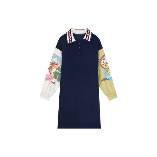 ELF SACK Long-Sleeved Dresses Women's Preppy Navy Blue