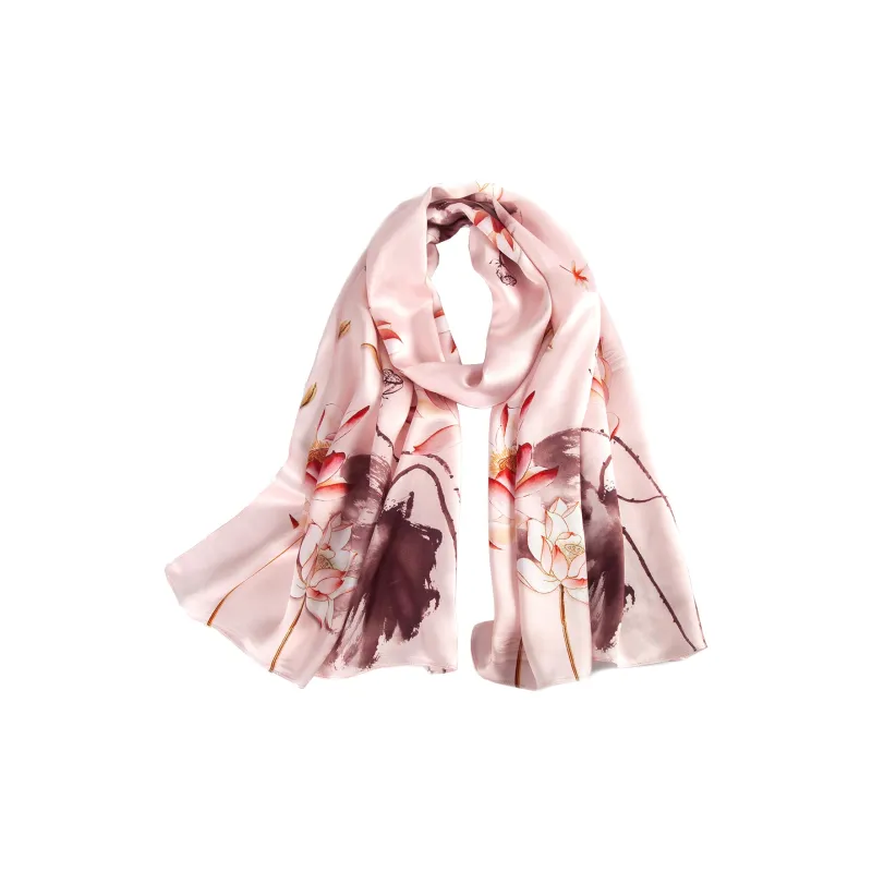 Shanghai Story 100% Mulberry Silk Scarves Women's Lotus Charm, Light Green, Gift Box Set-54