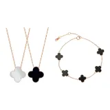 Four-Leaf Clover Matching Set (Black Bracelet+Black and White Double-Sided Necklace)