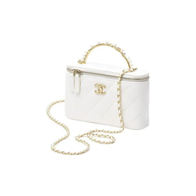 CHANEL Lambskin Artificial Pearl Shoulder Bag, Crossbody Bag Women's White-1