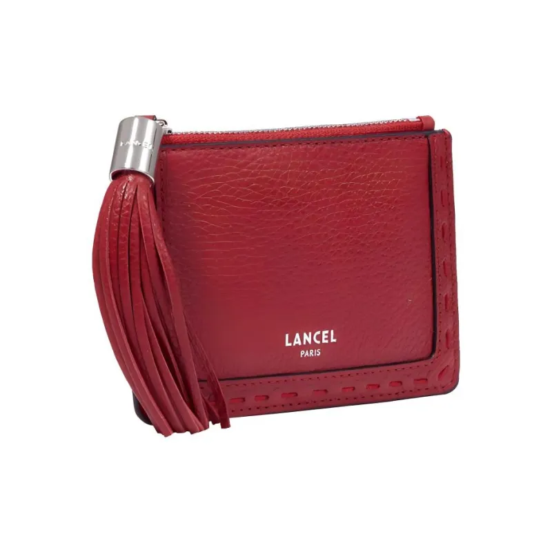 LANCEL Grained Cow Leather Card Holder Large Size Women's Red Lanzeal-1