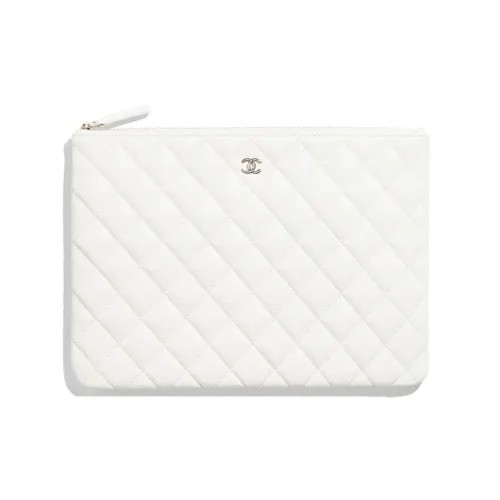 CHANEL Embossed Shiny Calfskin Clutch Women's White