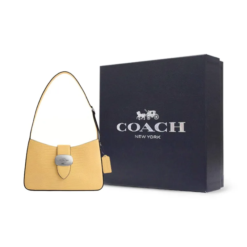 COACH Eliza Lizard Embossed Leather Handbag, Shoulder Bag Medium Size Women's Silver & Dry Grass-6