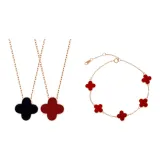 Four-Leaf Clover Matching Set (Red Bracelet+Black Red Double-Sided Necklace)