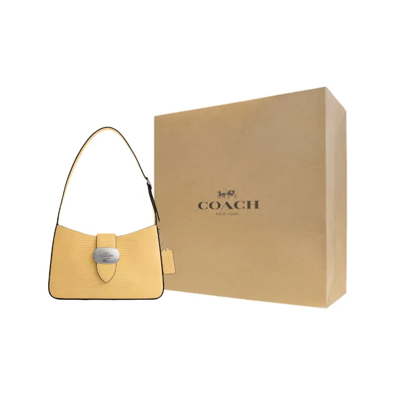 COACH Eliza Lizard Embossed Leather Handbag, Shoulder Bag Medium Size Women's Silver & Dry Grass-8