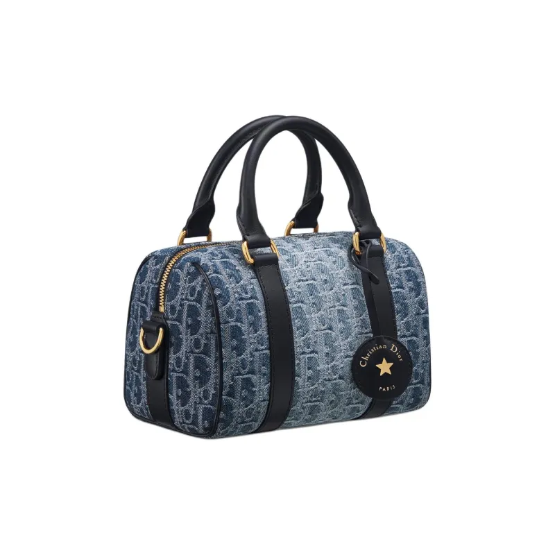 DIOR Fabric Cow Leather Patchwork Handbag Shoulder Bag Crossbody Bag Women's Blue-1