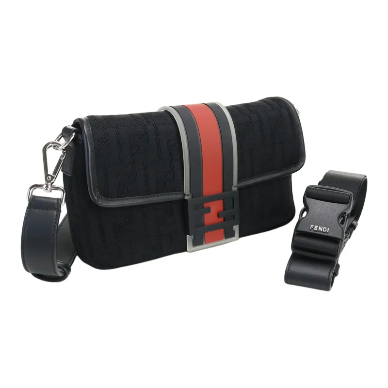 FENDI Mesh Canvas With Leather Baguette Bag Sling Bag Shoulder Bag Crossbody Bag Fanny Pack Men's Black-1