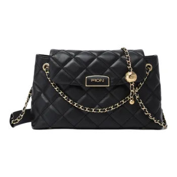FION Top Grain Cow Leather Crossbody Bag Shoulder Bag Large Size Women's Black/Ecru/Taro Gray