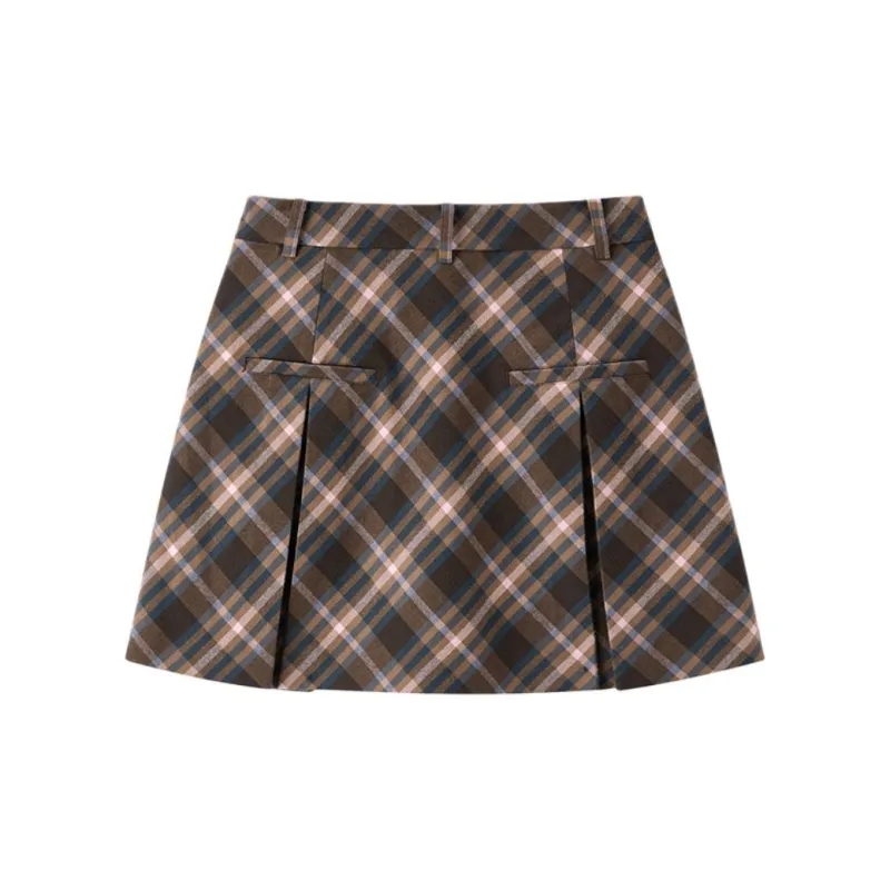 PEACEBIRD Casual Short Skirts Women's Brown Plaid-1