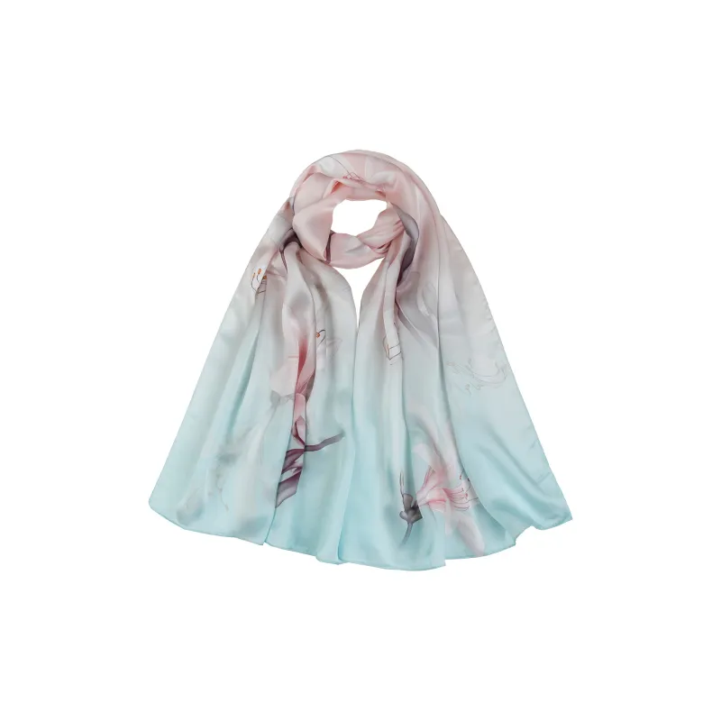 Shanghai Story 100% Mulberry Silk Scarves Women's Lotus Charm, Light Green, Gift Box Set-58