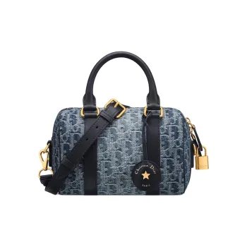 DIOR Fabric Cow Leather Patchwork Handbag Shoulder Bag Crossbody Bag Women's Blue