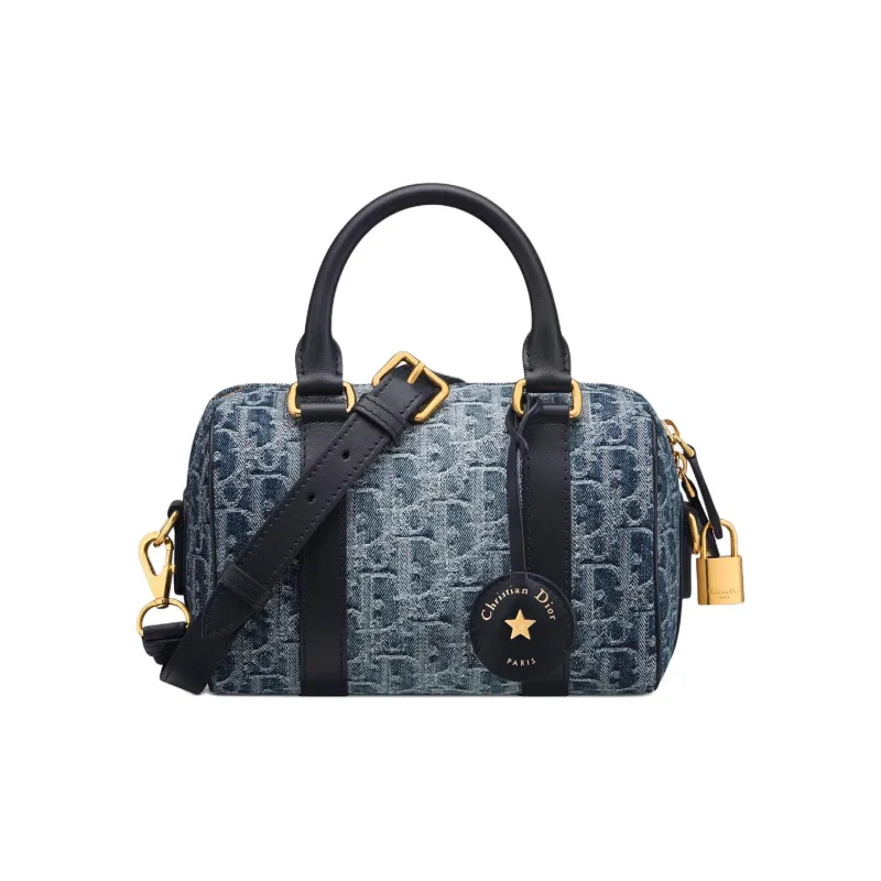 DIOR Fabric Cow Leather Patchwork Handbag Shoulder Bag Crossbody Bag Women's Blue-0