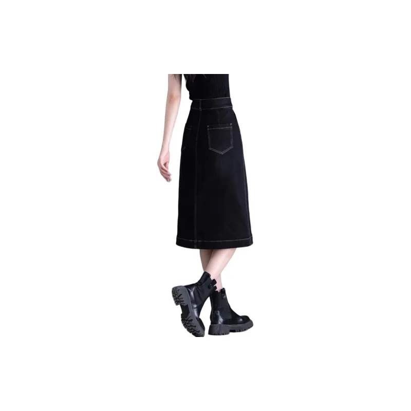 You Cow Me Pants Denim Long Skirts Women's Black-2