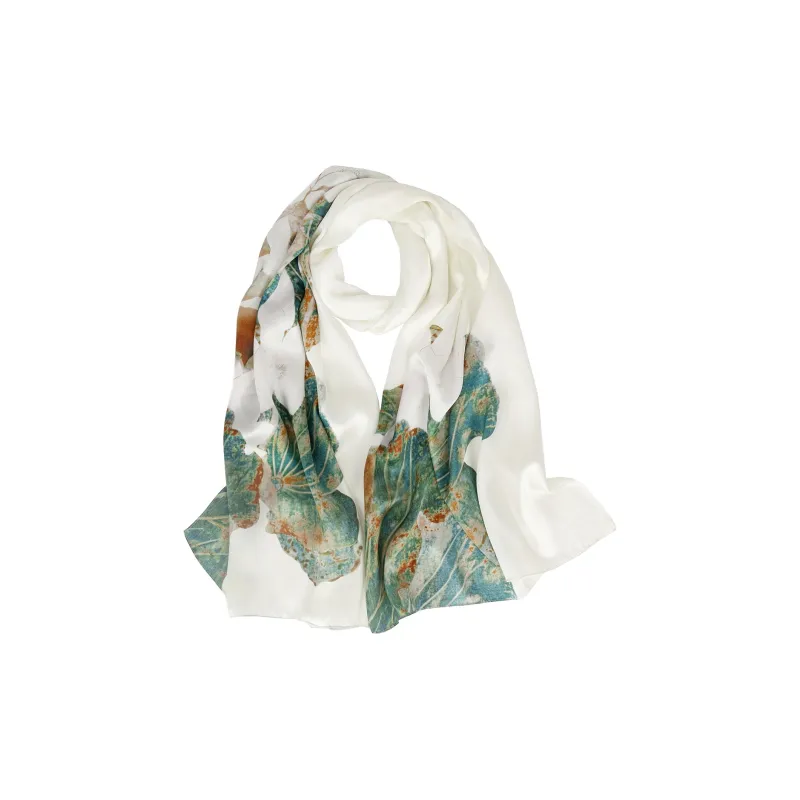 Shanghai Story 100% Mulberry Silk Scarves Women's Lotus Charm, Light Green, Gift Box Set-49