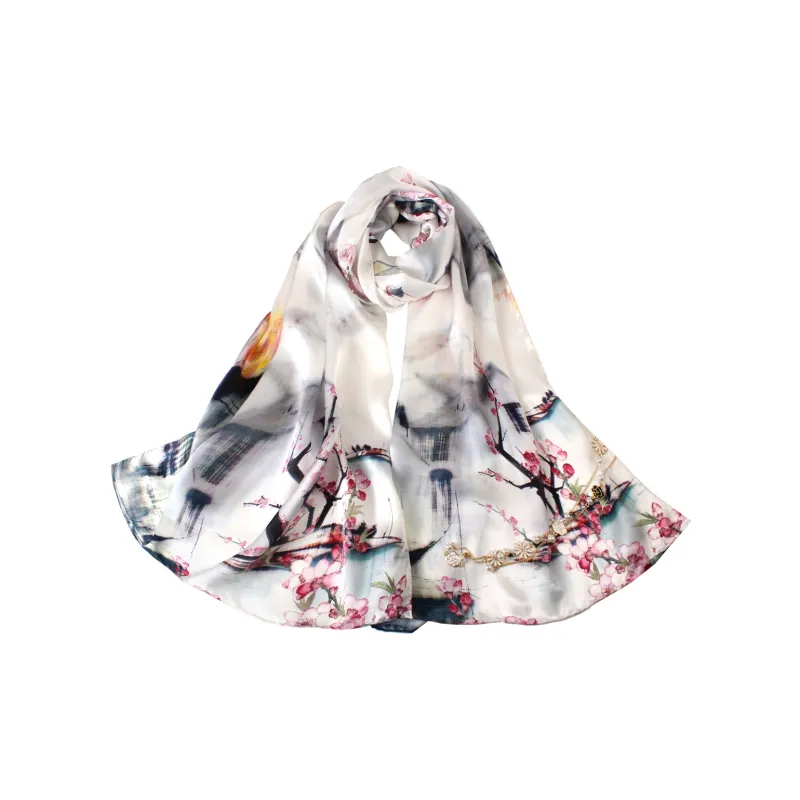 Shanghai Story 100% Mulberry Silk Scarves Women's Lotus Charm, Light Green, Gift Box Set-60