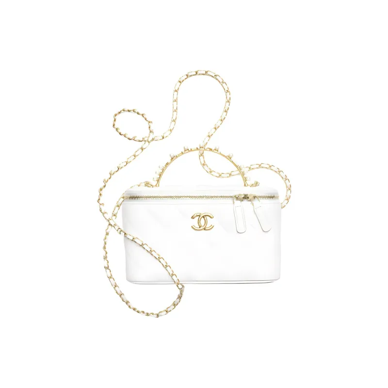 CHANEL Lambskin Artificial Pearl Shoulder Bag, Crossbody Bag Women's White-0