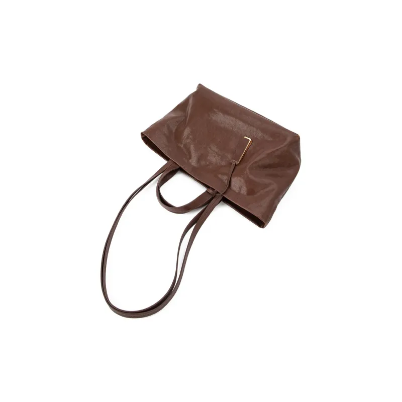 VENOF Cow Leather Commute Shoulder Bag Handbag Large Size Women's Vegetable Tanned Coffee-1