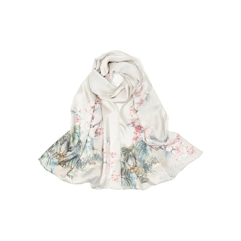 Shanghai Story 100% Mulberry Silk Scarves Women's Lotus Charm, Light Green, Gift Box Set-0
