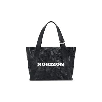 NORIZON Full Grain Vegetable Tanned Cow Leather Black Chiffon Tote Bag Shoulder Bags Handbags Unisex Pirate Black