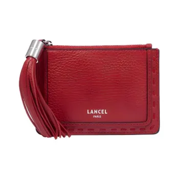 LANCEL Grained Cow Leather Card Holder Large Size Women's Red Lanzeal