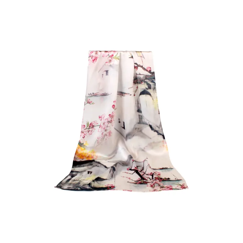Shanghai Story 100% Mulberry Silk Scarves Women's Lotus Charm, Light Green, Gift Box Set-61