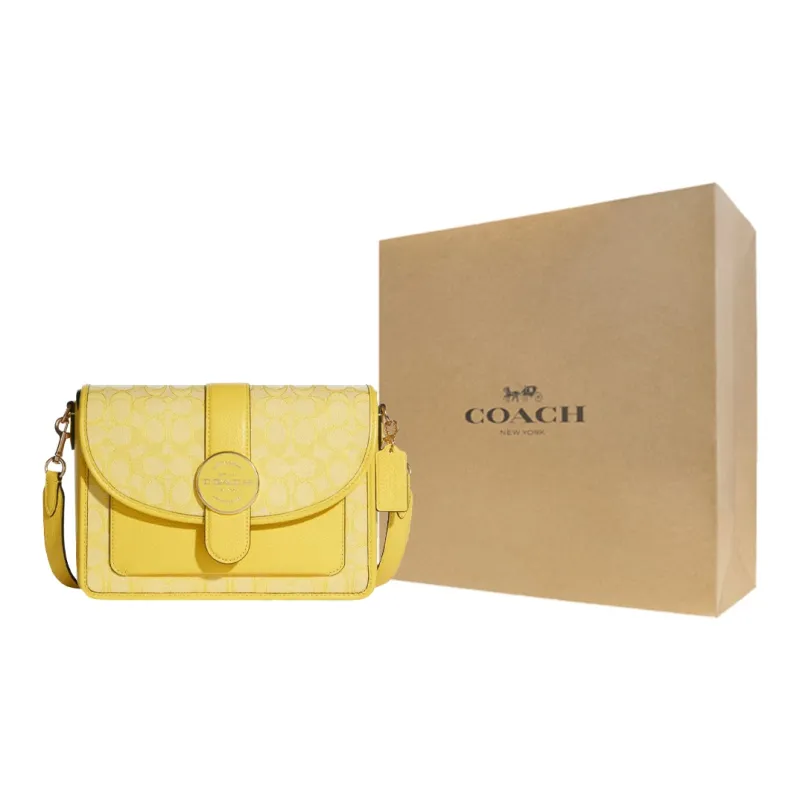 COACH Jacquard Fabric With Leather Shoulder Bag, Crossbody Bag Medium Size Women's Yellow-0