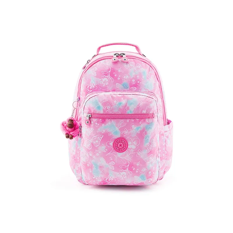 Kipling Polyester Monkey Backpack 14 Inch Laptop Bag Unisex Dreamy Butterfly Pink Cloud Print-0