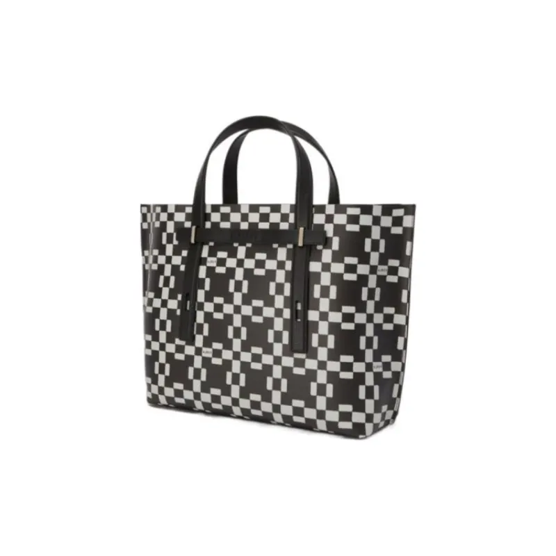 Furla Canvas With Leather Tote Bag Shopping Bag Handbags Large Size Men's Black White-3