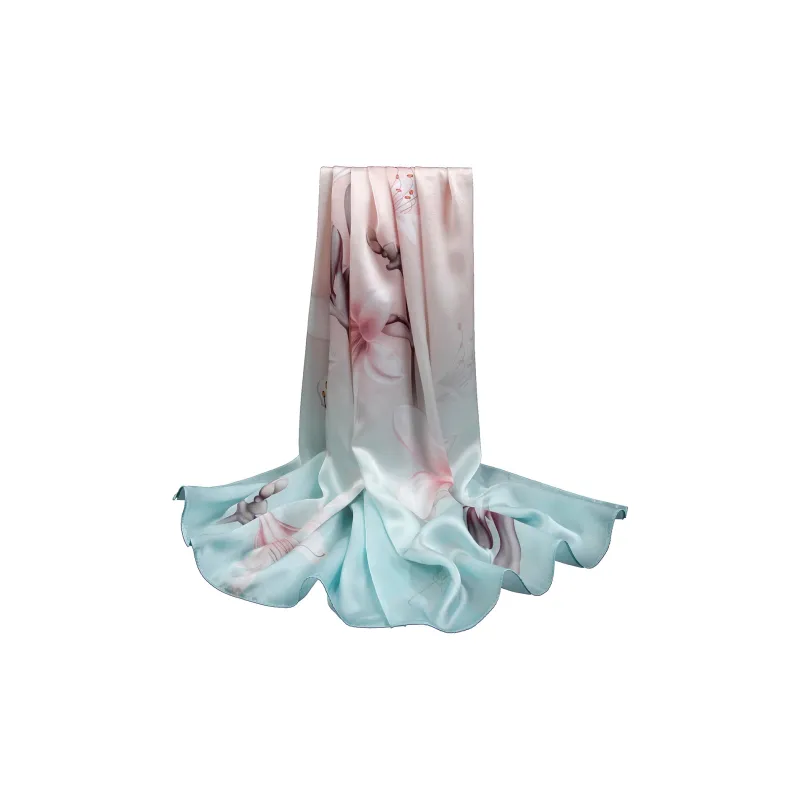 Shanghai Story 100% Mulberry Silk Scarves Women's Lotus Charm, Light Green, Gift Box Set-59