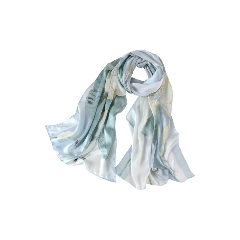 Shanghai Story 100% Mulberry Silk Scarves Women's Lotus Charm, Light Green, Gift Box Set-12