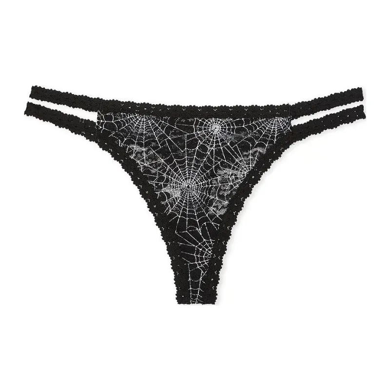 Victoria's Secret PINK Wink Strappy Thong Panty / Spiderweb Print Underpants Women's 1 Pack Black-0