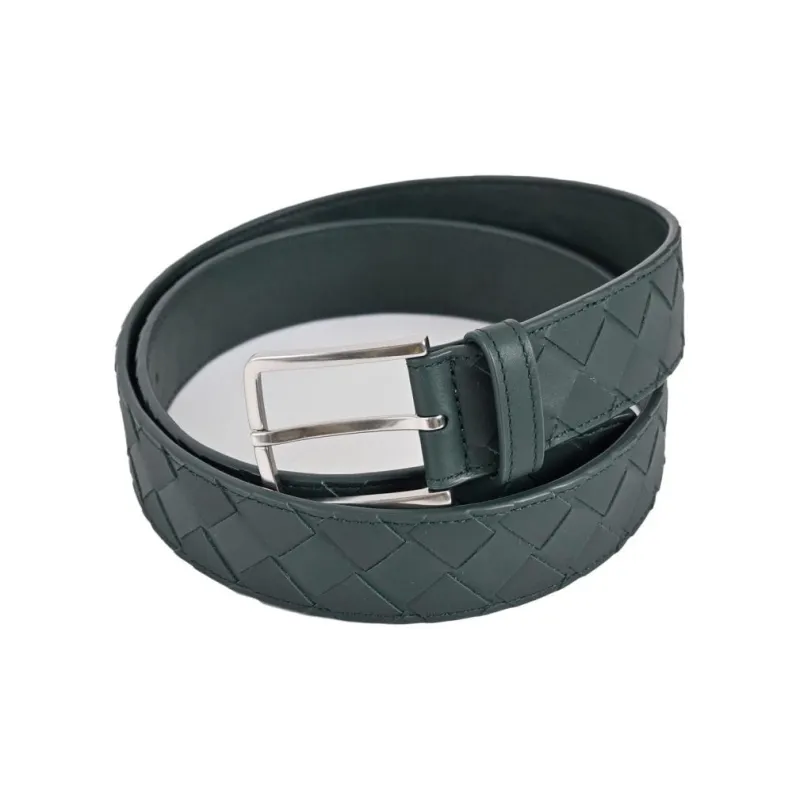 Bottega Veneta Woven Design Smooth Buckle Leather Metal Leather Belts Men's Green Width 3.5cm-1