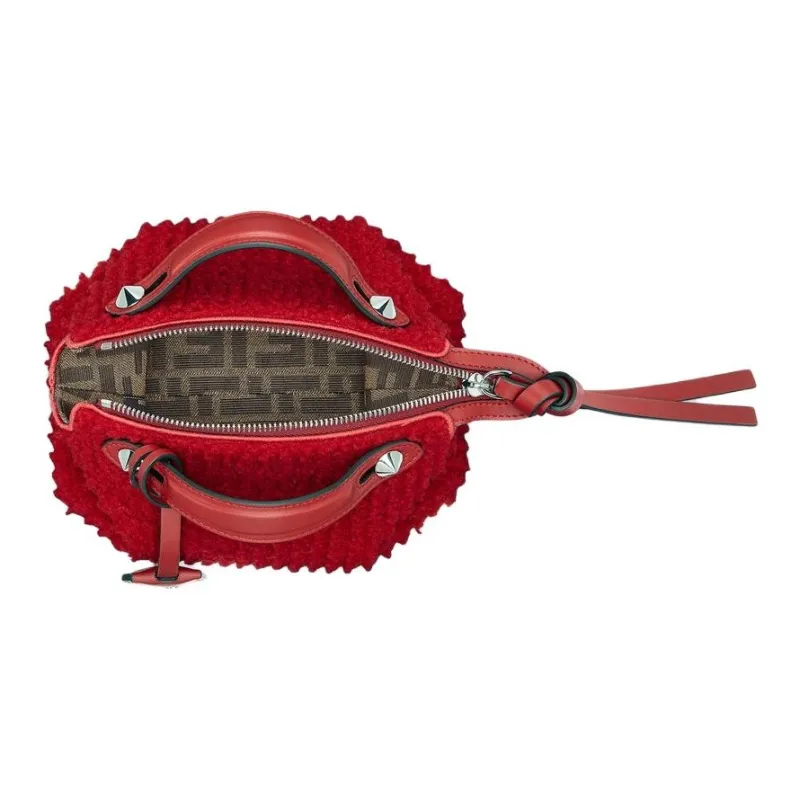 FENDI FF Pattern Jacquard Fabric Sheepskin Handbag Mini Women's Red-5